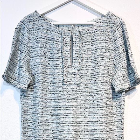 St. John Collection ‘Riana’ Tweed Fringe Split-neck Mint Green & Blue Dress - Picture 8 of 16